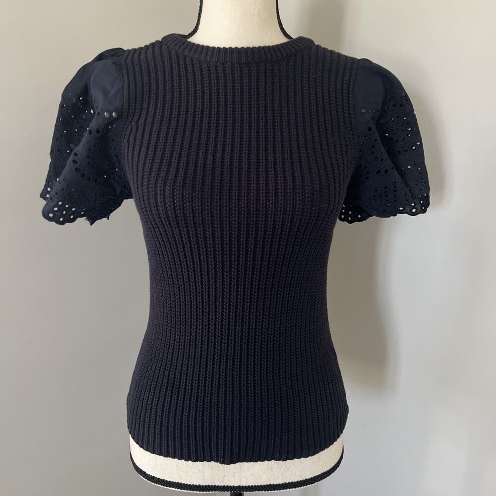 Lilla P Navy Short Sleeve Eyelet Sweater XS